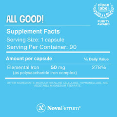 NovaFerrum All Good label highlights vegan and gluten-free certifications.