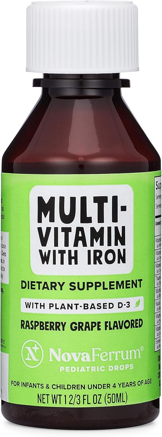 NovaFerrum Delish bottle front showing vegan iron and Organic D-3 for growing kids