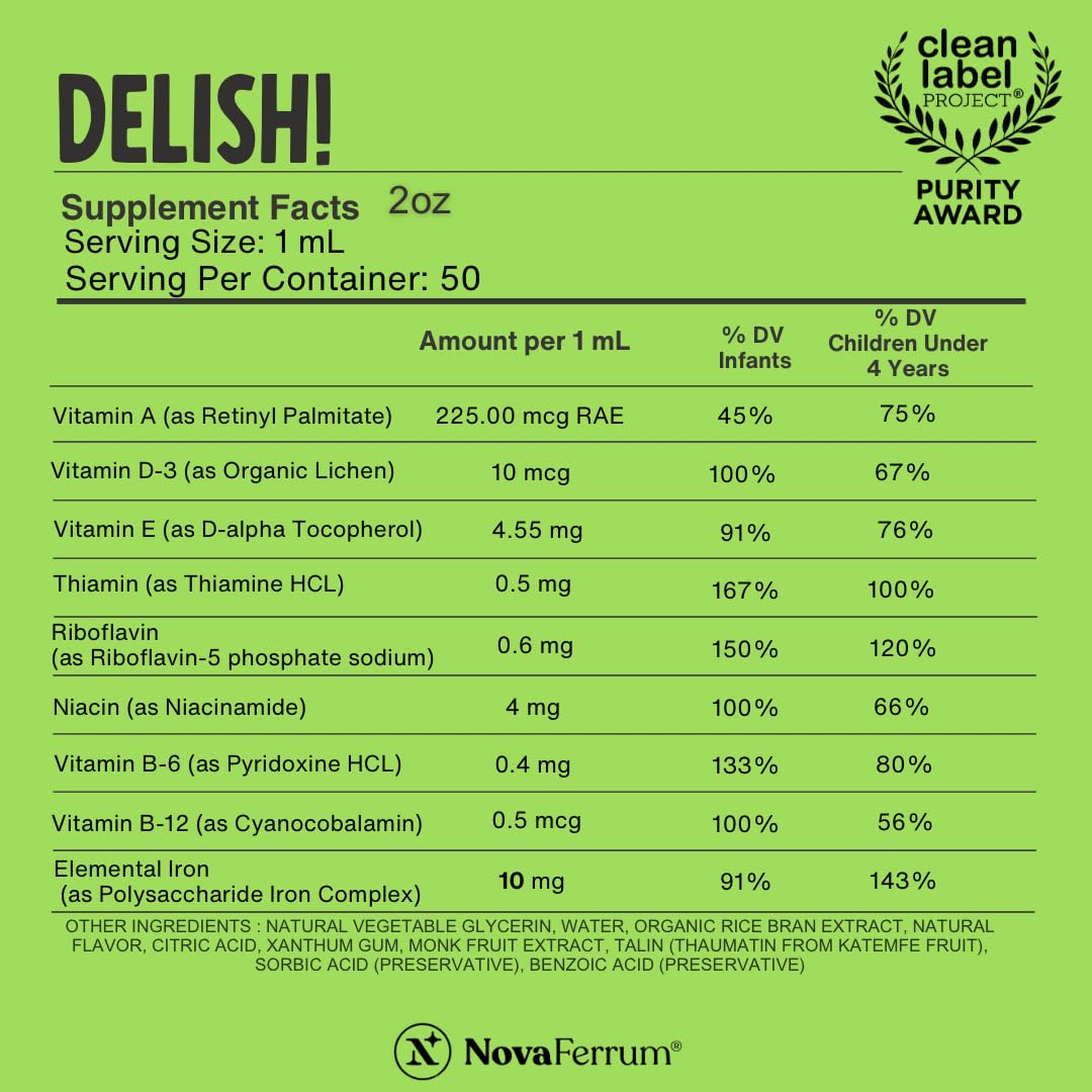 NovaFerrum Delish label close-up highlighting gluten free and sugar free vitamins