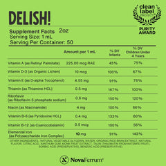 NovaFerrum Delish label close-up highlighting gluten free and sugar free vitamins