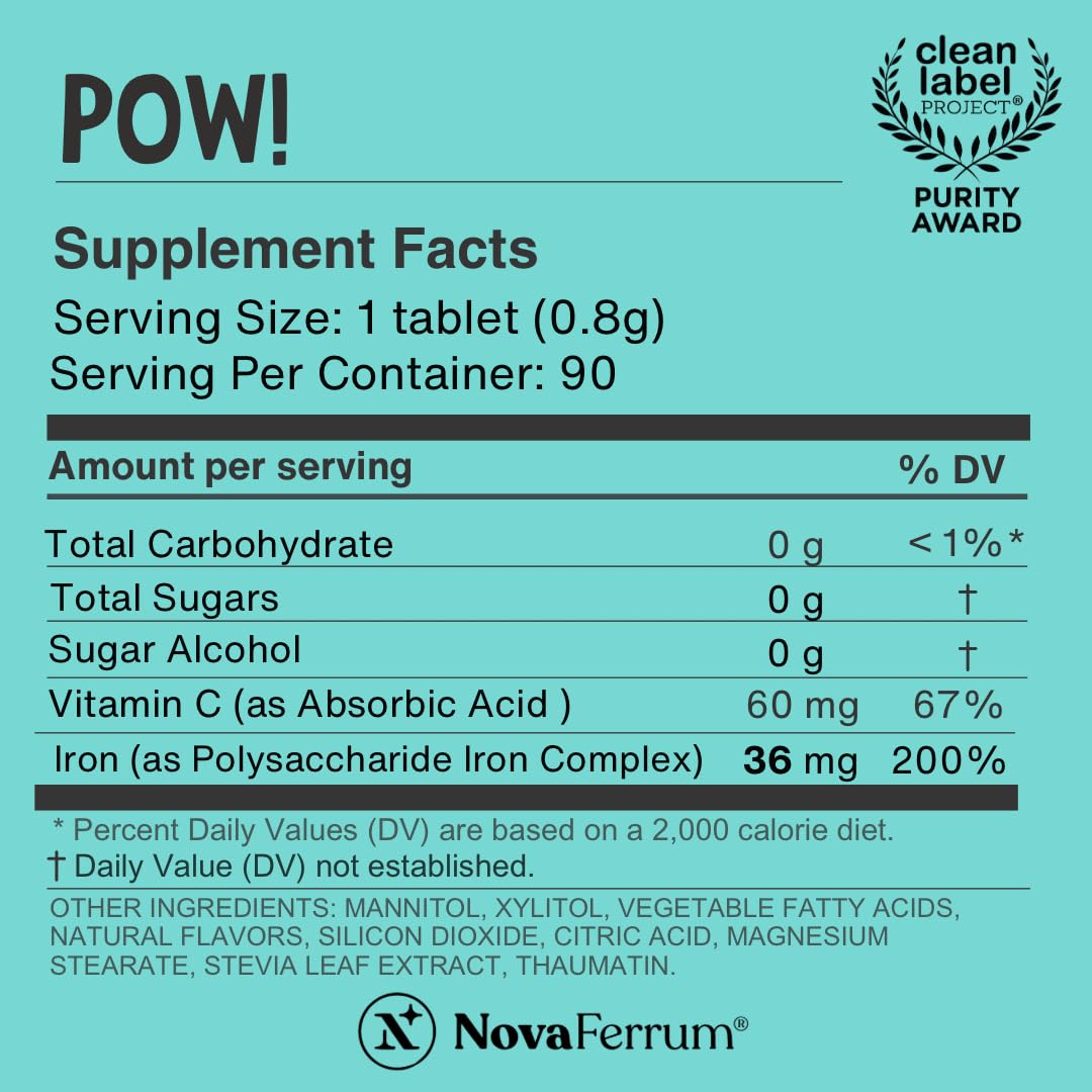 NovaFerrum Pow label-packaging highlights sugar-free formula and three-month supply.