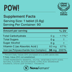NovaFerrum Pow label-packaging highlights sugar-free formula and three-month supply.