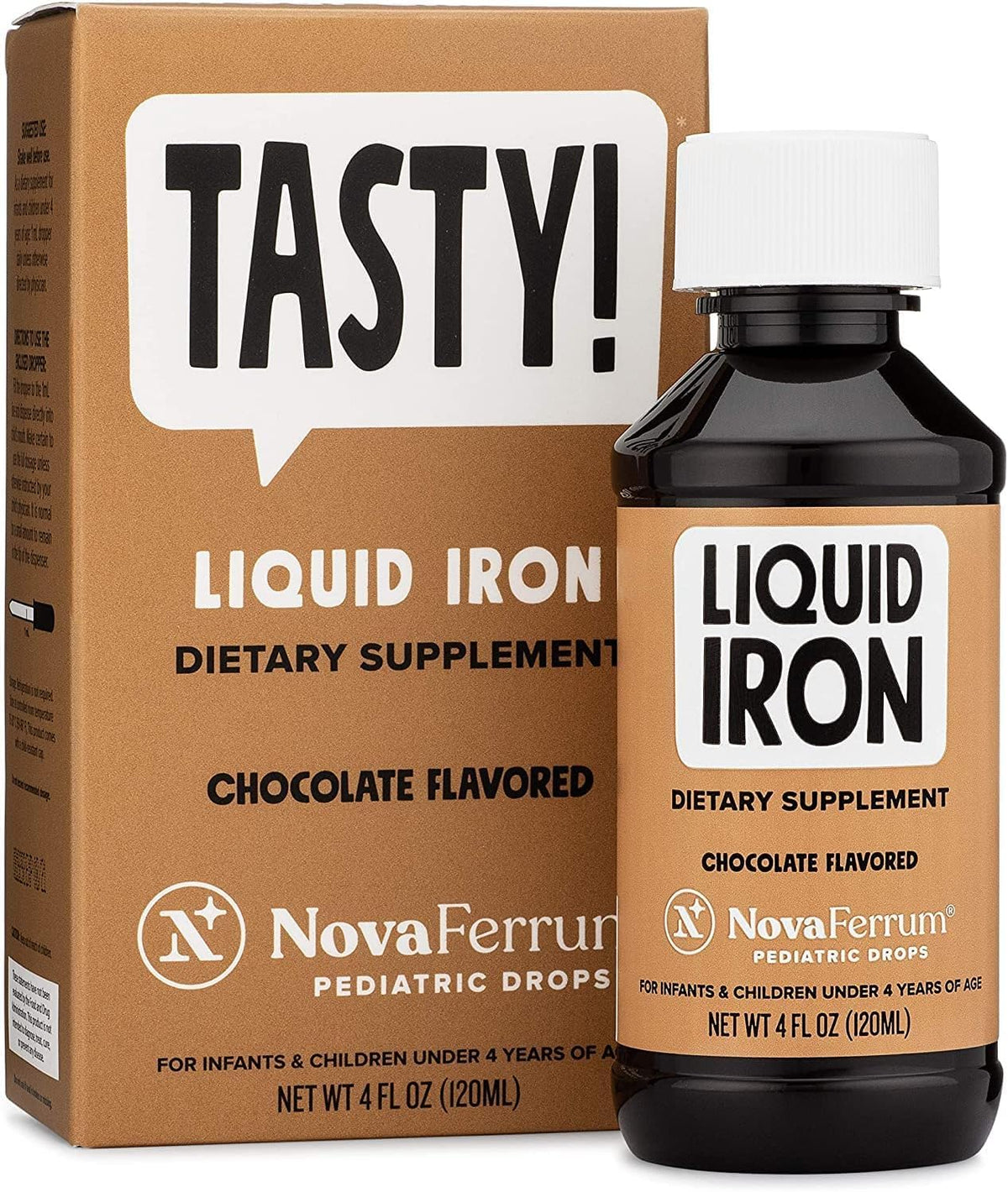 NovaFerrum Tasty bottle label with chocolate flavor and kid-friendly branding.