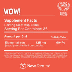 NovaFerrum Wow ingredient label displays vegan and gluten-free certifications for trust.