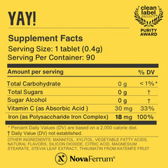 NovaFerrum Yay 90-serving bottle label highlights sugar-free and vegan.