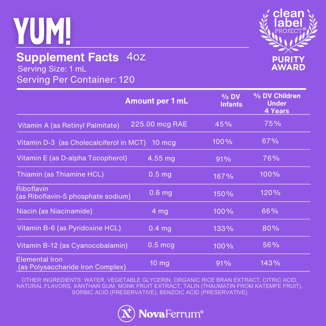 NovaFerrum Yum raspberry grape flavor appeals to kids during routine supplementation.