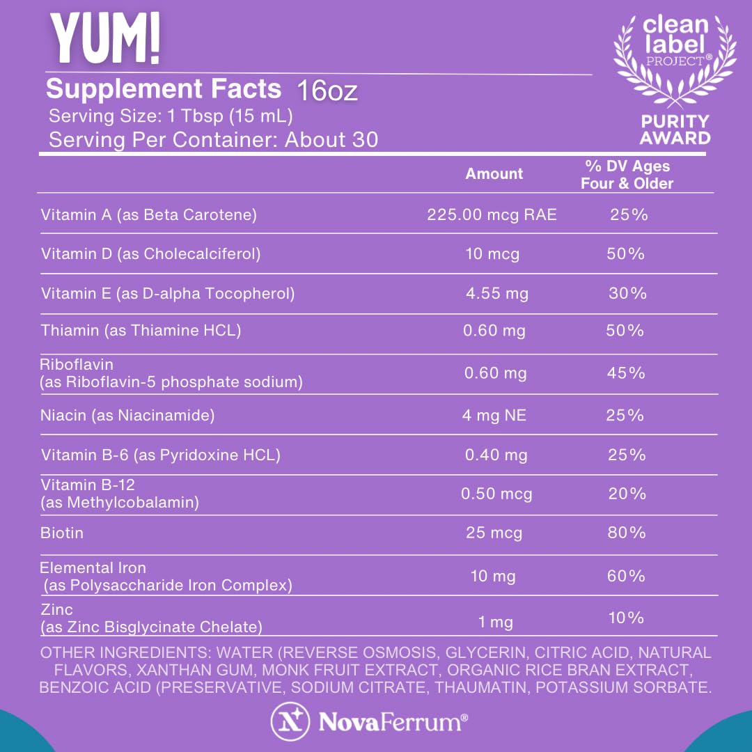 NovaFerrum Yum gluten-free sugar-free label signals a clean formula.