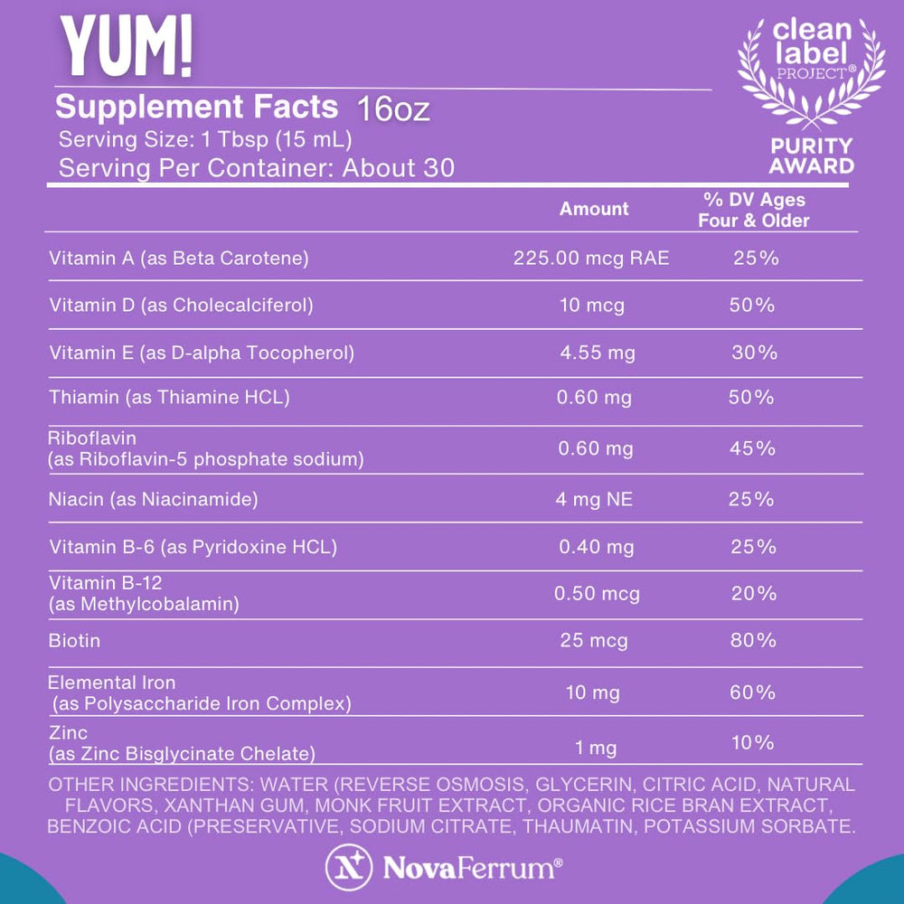 NovaFerrum Yum gluten-free sugar-free label signals a clean formula.