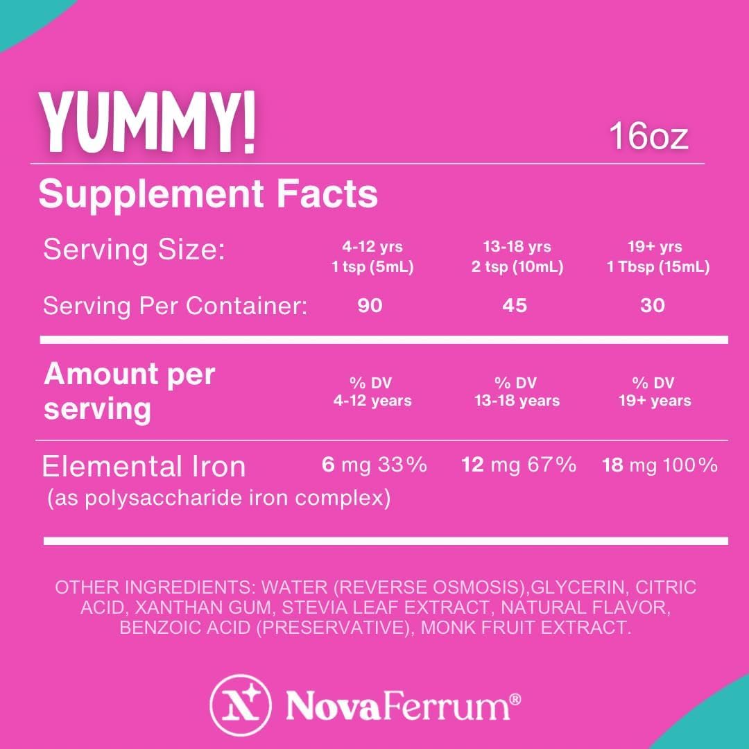NovaFerrum Yummy label highlighting gluten-free and sugar-free formula.