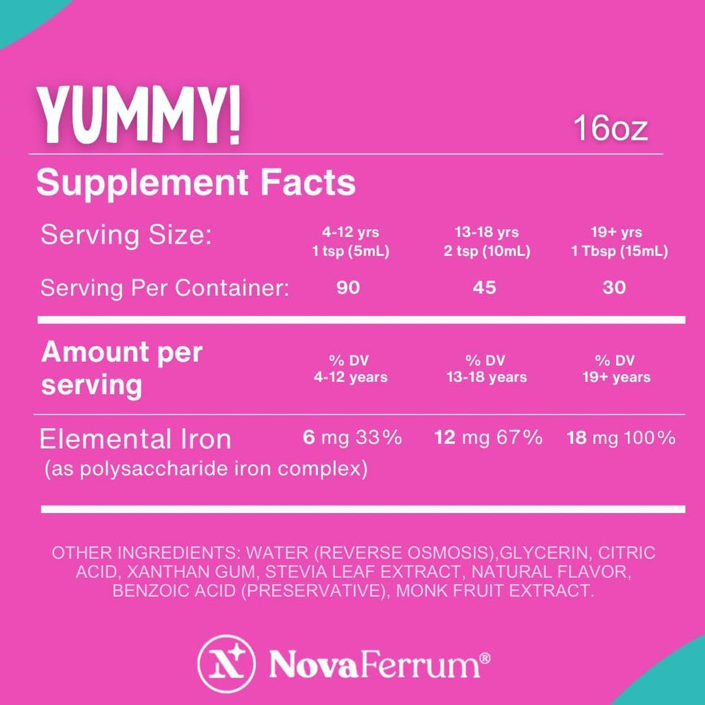 NovaFerrum Yummy label highlighting gluten-free and sugar-free formula.