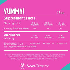 NovaFerrum Yummy label highlighting gluten-free and sugar-free formula.