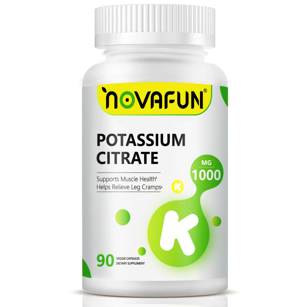 Novafun Potassium Citrate 1000mg bottle with clear label for daily electrolyte support