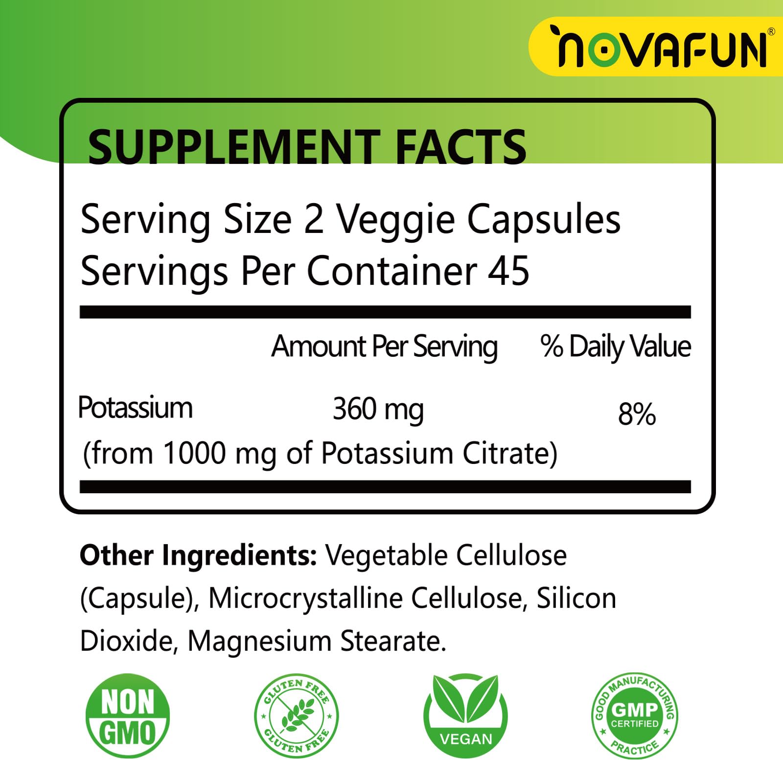 Novafun Potassium Citrate capsules closeup showing easy-to-swallow form for daily use