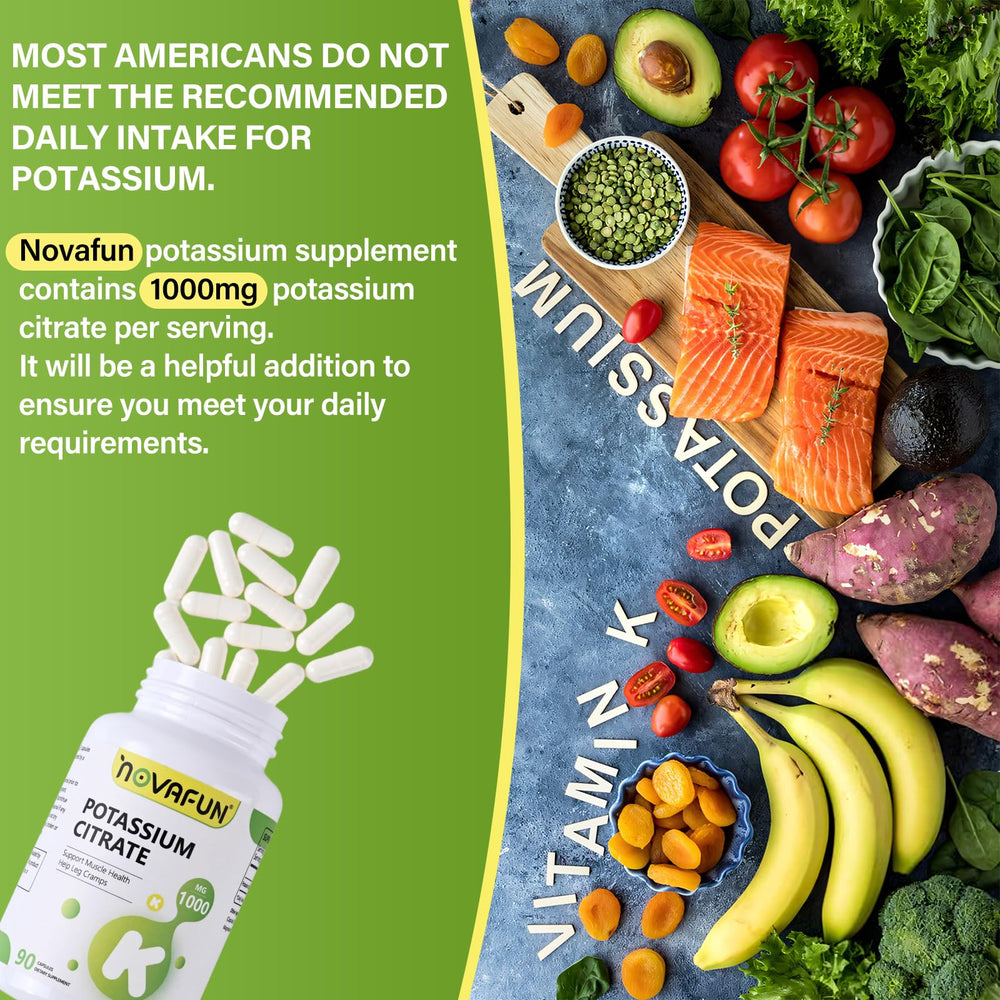 Novafun Potassium Citrate daily-dose display demonstrates convenient 1-2 capsules with meals