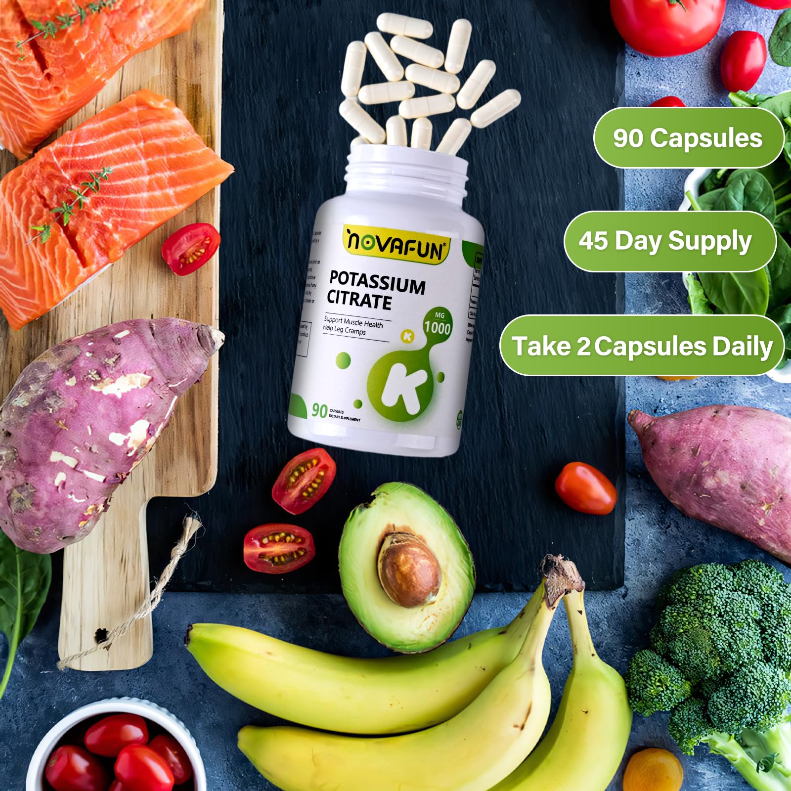 Novafun Potassium Citrate packaging presentation showcases bottle and cap for secure storage