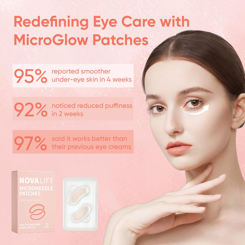 NOVALIFT MicroGlow Eye Patches hyaluronic acid beads emphasize hydration focus.