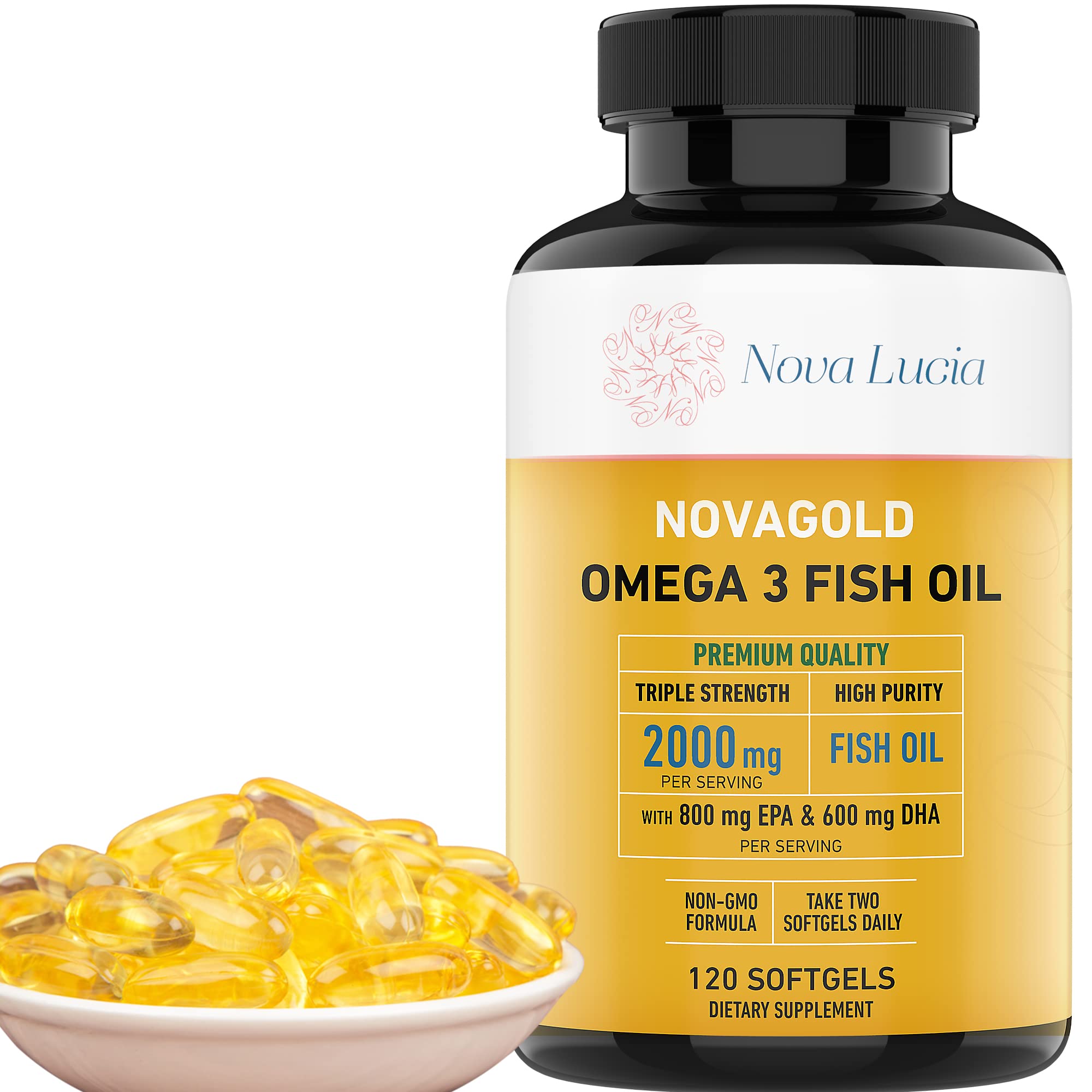 NovaGold Omega 3 bottle-front highlights premium omega-3 for daily heart and brain support.