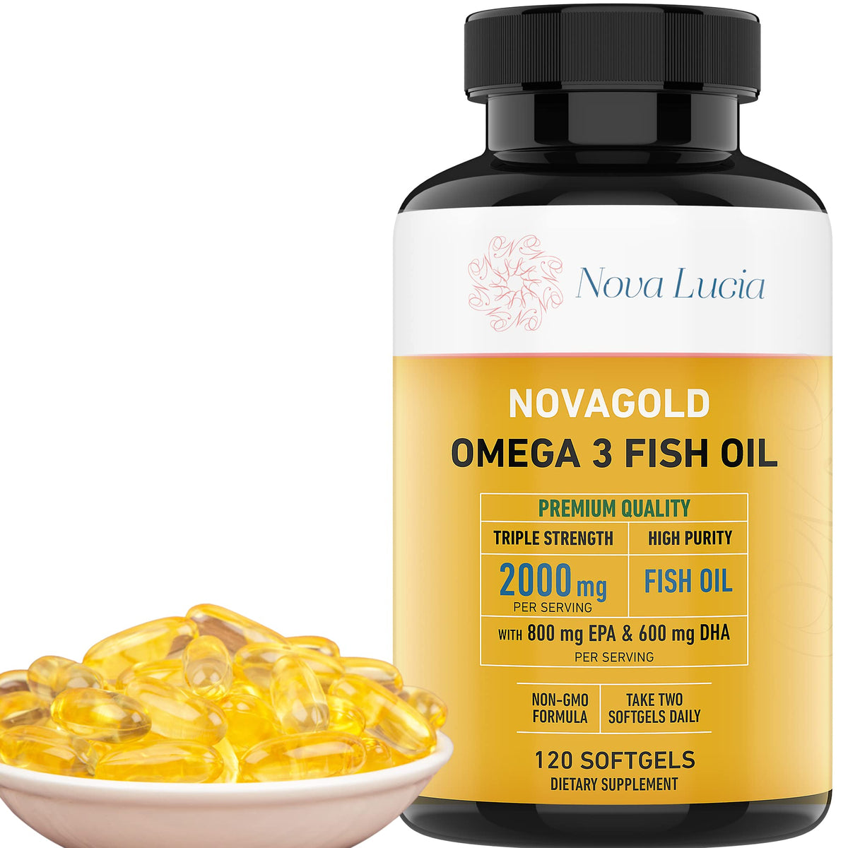 NovaGold Omega 3 bottle-front highlights premium omega-3 for daily heart and brain support.