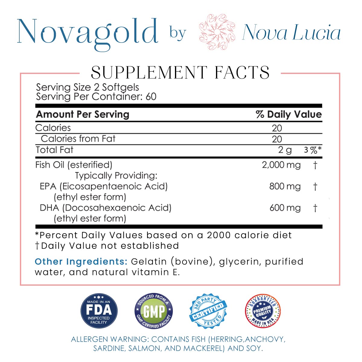 NovaGold omega-3 EPA/DHA count image highlights high potency benefits for cardiovascular and cognitive support.