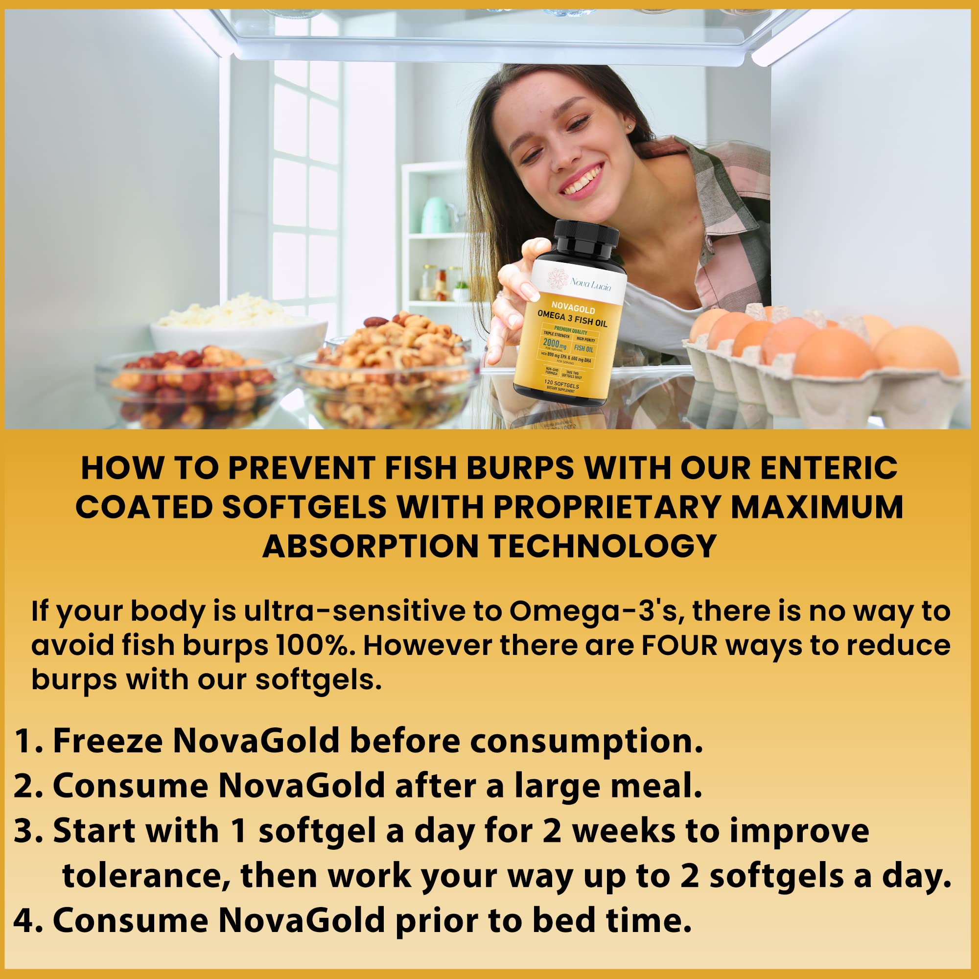 NovaGold softgel closeup emphasizes burpless, easy-to-swallow capsules for comfortable daily use.