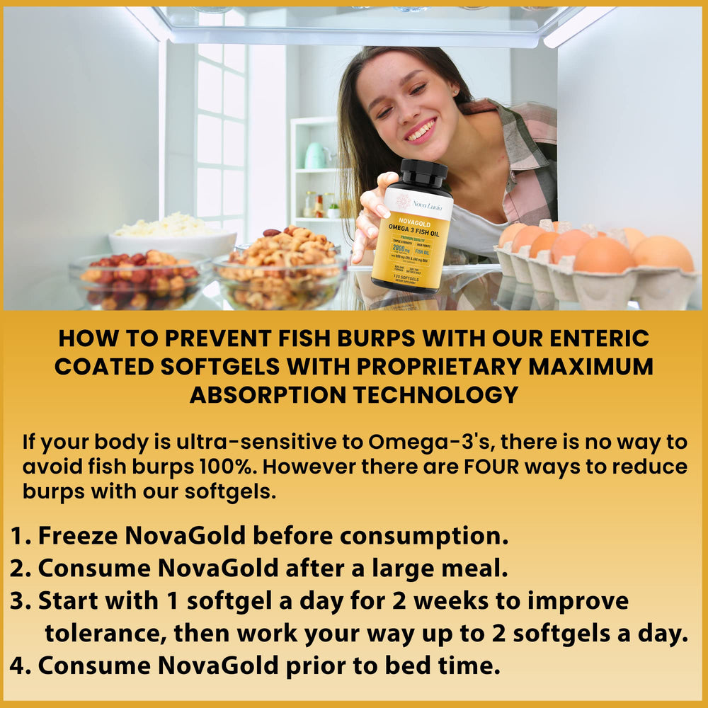 NovaGold softgel closeup emphasizes burpless, easy-to-swallow capsules for comfortable daily use.