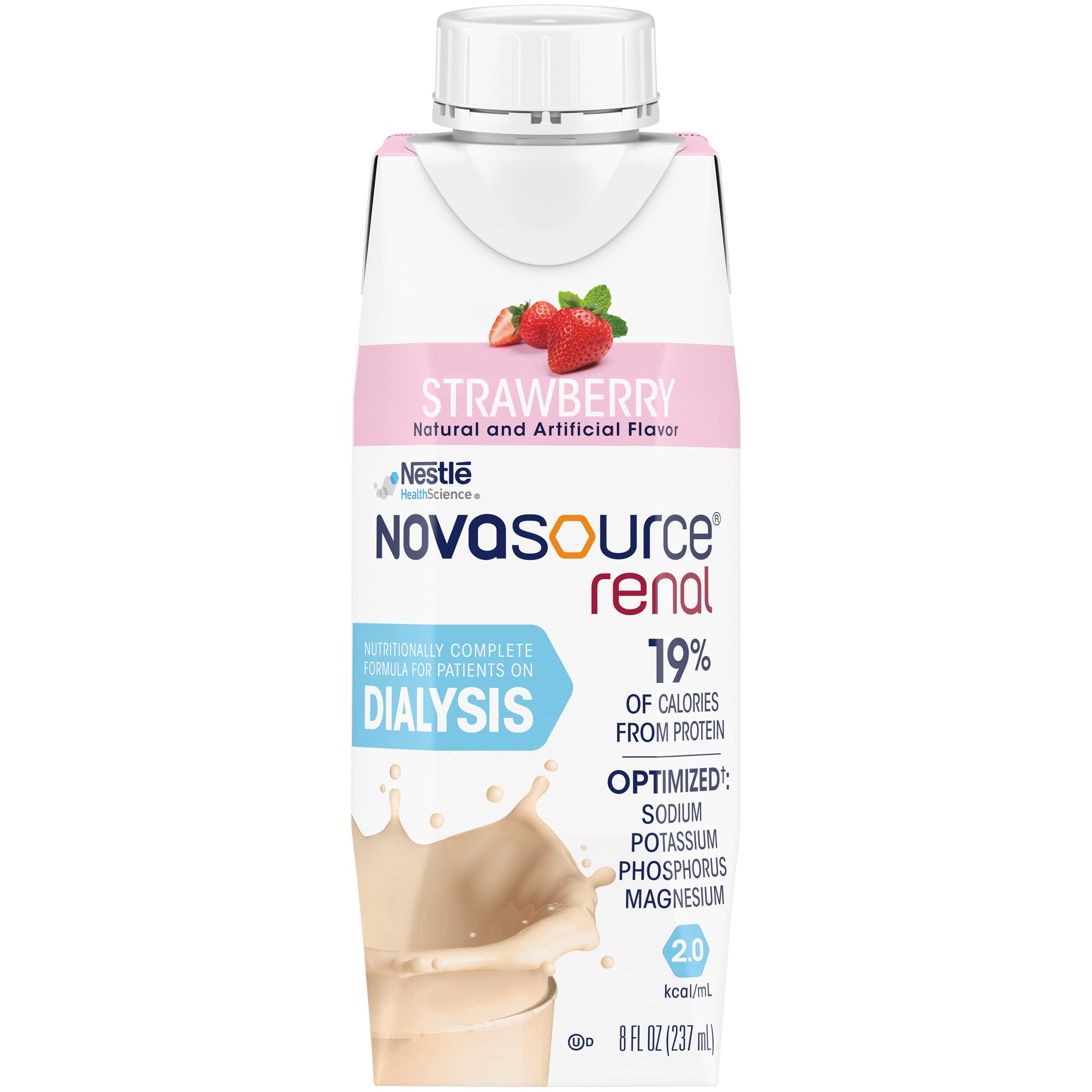 NovaSource Renal strawberry carton on kitchen counter highlights convenient protein during meals.