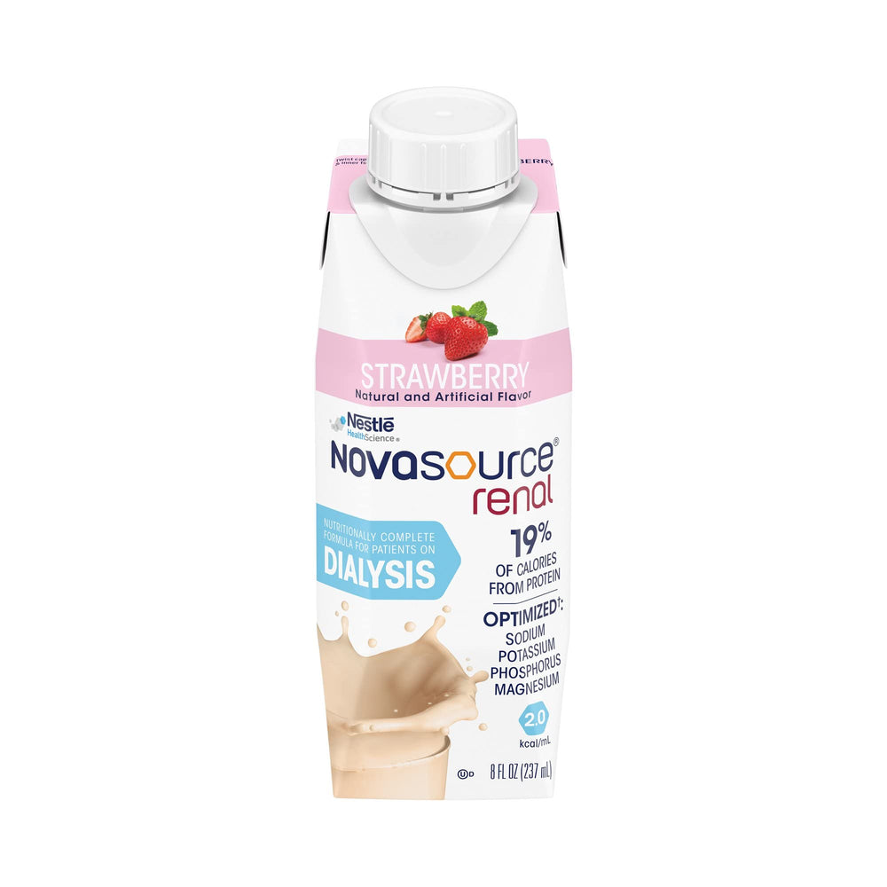 NovaSource Renal strawberry bottle on kitchen counter shows a protein-rich daily drink.
