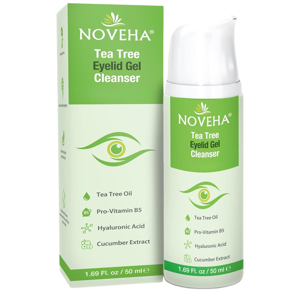 NOVEHA Tea Tree Eyelid Gel Cleanser bottle for gentle eyelid care and soothing cleansing.
