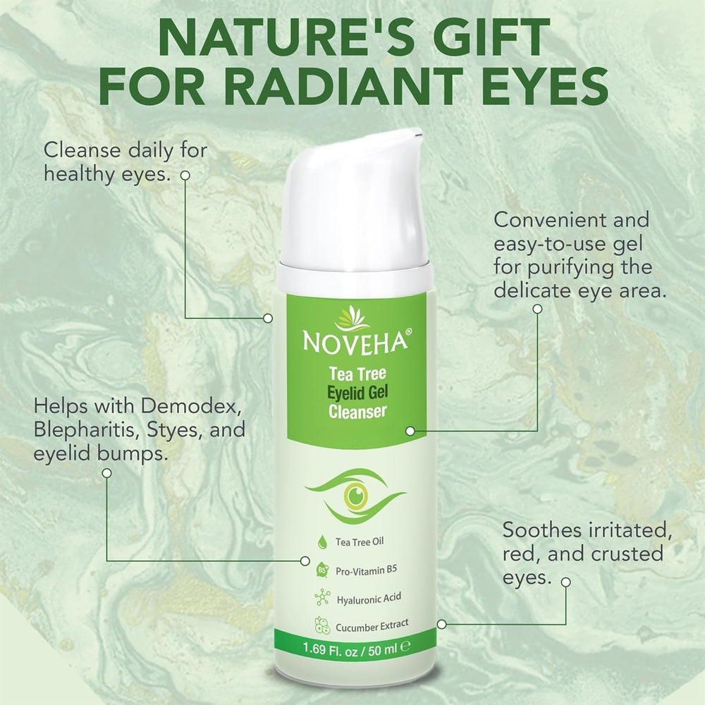 NOVEHA Tea Tree Oil ingredient close-up highlights calming botanical components for eyelids.