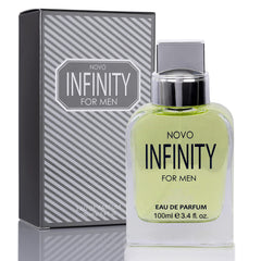 NovoGlow Infinity for Men bottle with bright citrus top notes, for an instant refreshing vibe.
