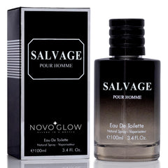 NovoGlow Salvage for Men bottle front view for daily wear and lasting freshness.