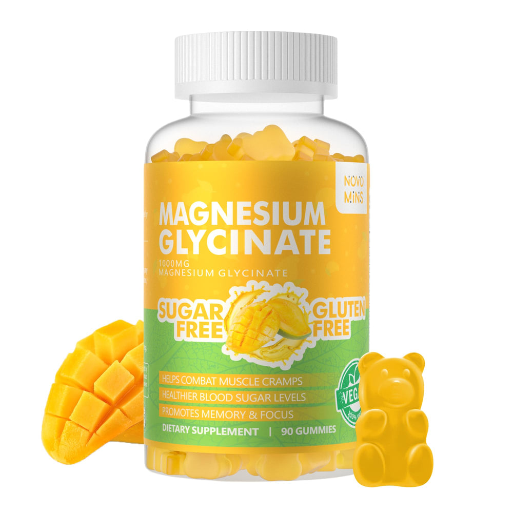 Novomins magnesium glycinate gummies bottle with mango pineapple flavor for calm mood and sleep.