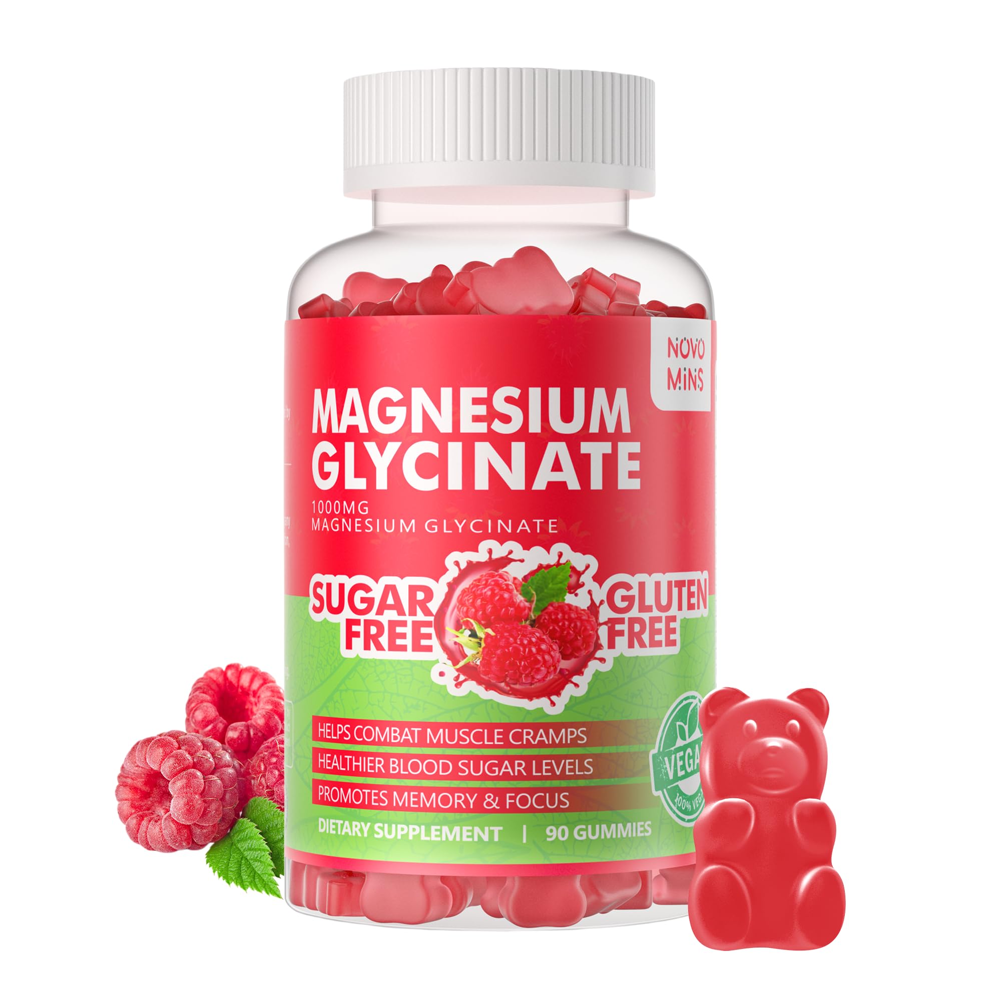 Novomins 90ct magnesium glycinate gummies raspberry bottle for daily calm and sleep support.