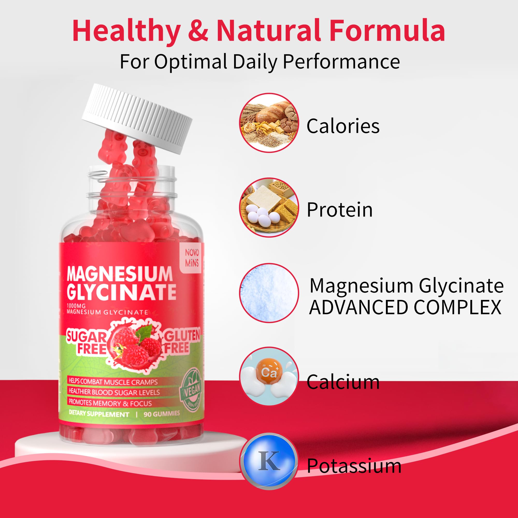 Novomins raspberry gummies close-up showing soft chew texture for easy daily use.