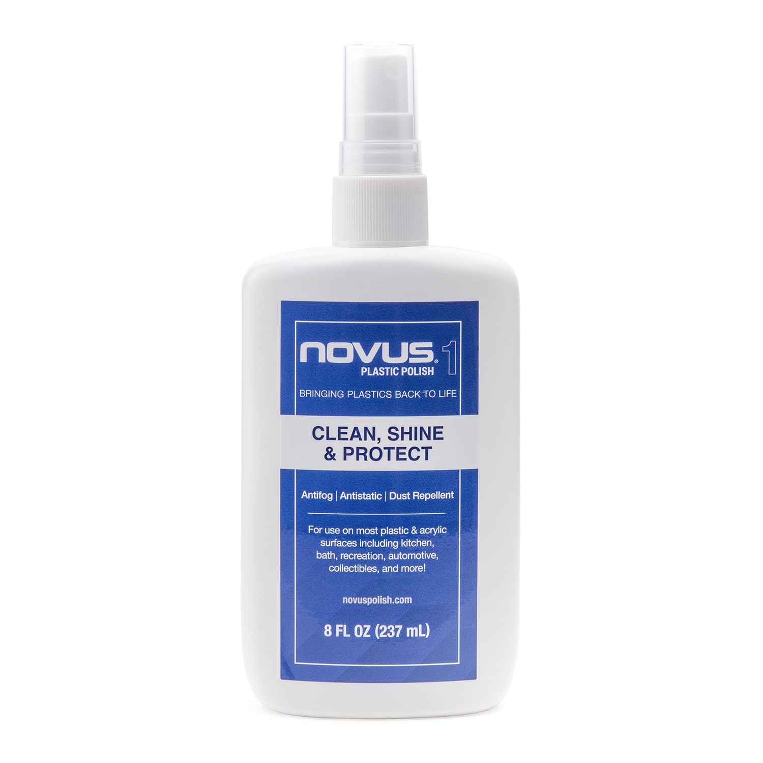 Novus 7020 clean and shine bottle shown on smooth plastic surface
