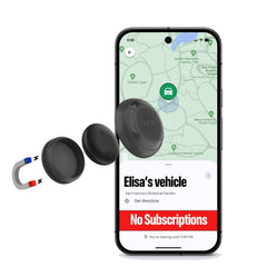Novzix Find My Tracker mounted on a car magnet for discreet vehicle tracking