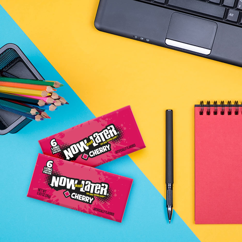 Now and Later Cherry candies closeup demonstrates bold flavor and soft-chewy texture