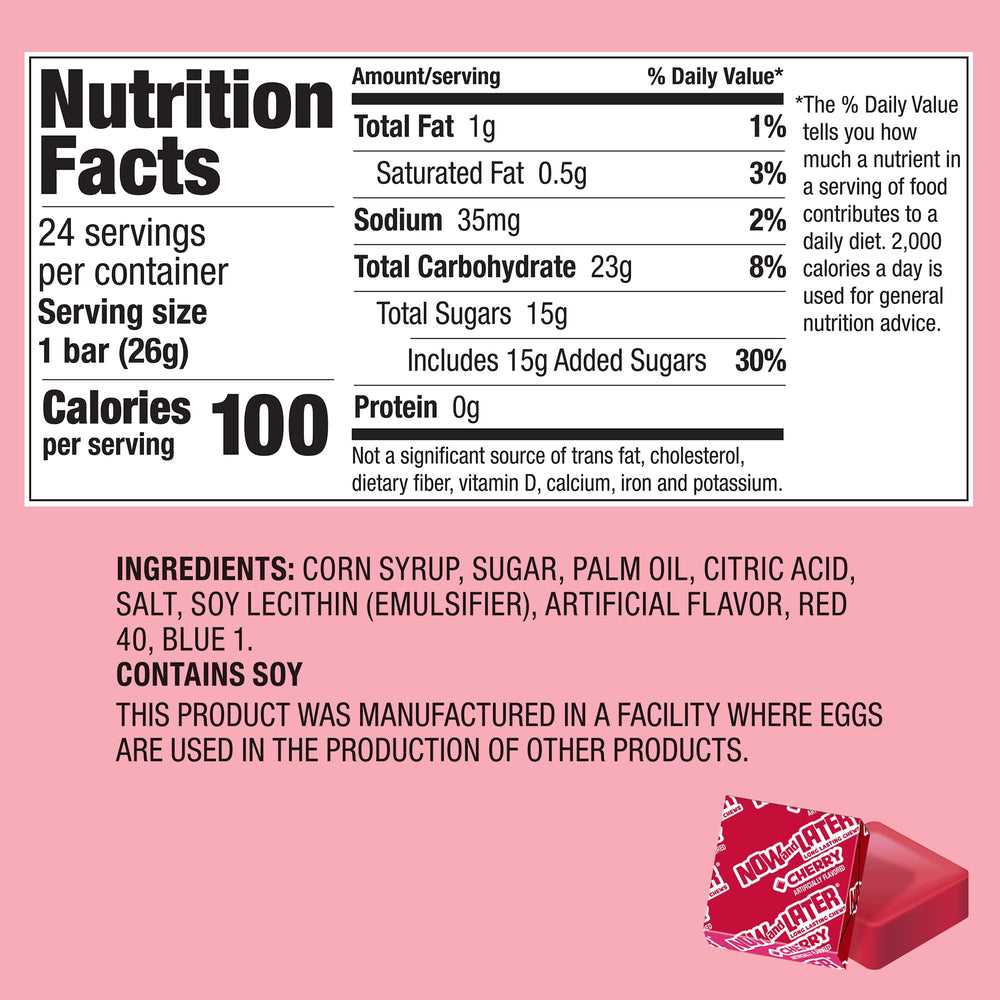 Now and Later Cherry wrap packaging displays individually wrapped pieces for convenient snacking anywhere