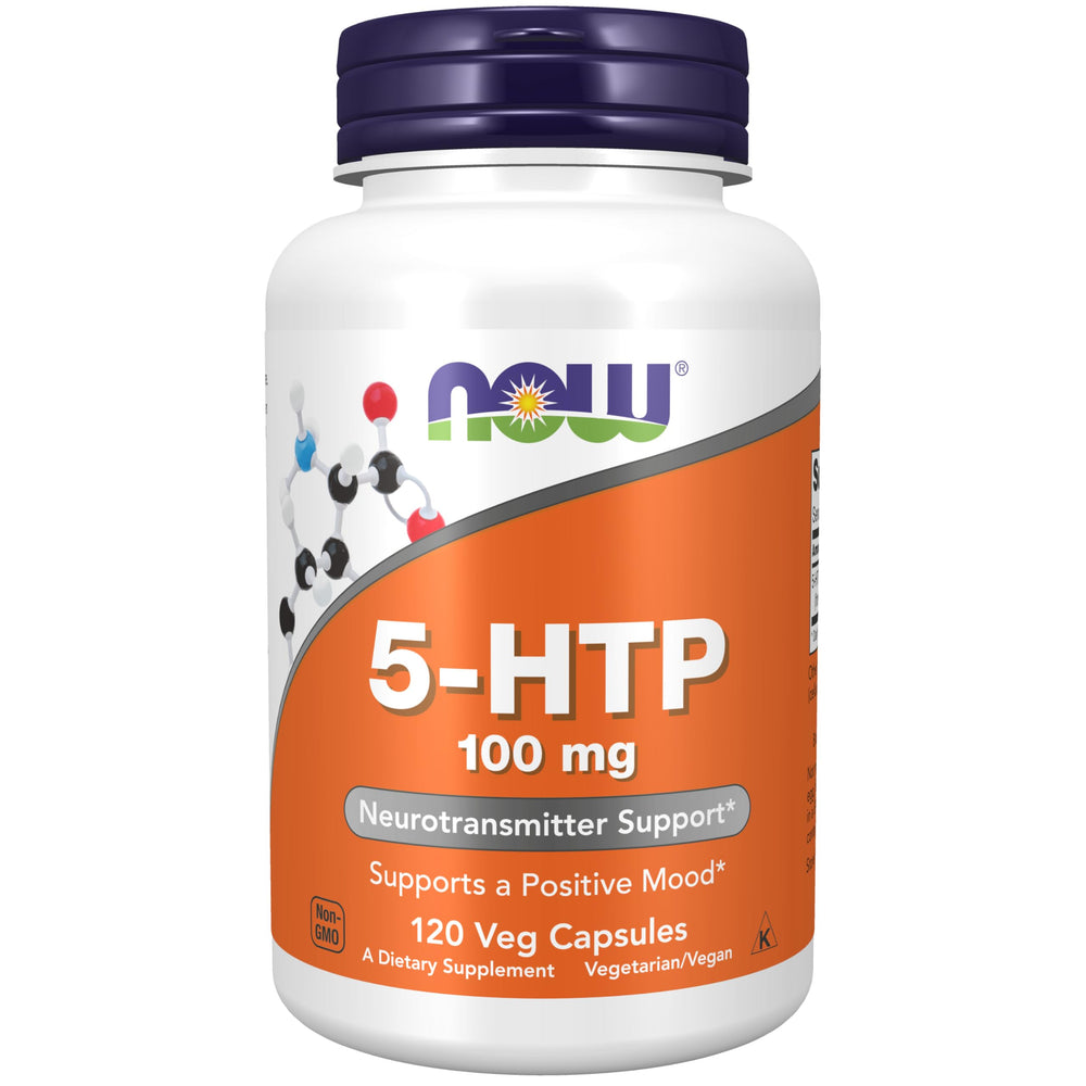 NOW Foods 5-HTP bottle close-up highlighting vegan capsules for neurotransmitter support.