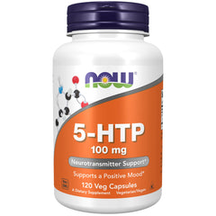 NOW Foods 5-HTP bottle close-up highlighting vegan capsules for neurotransmitter support.