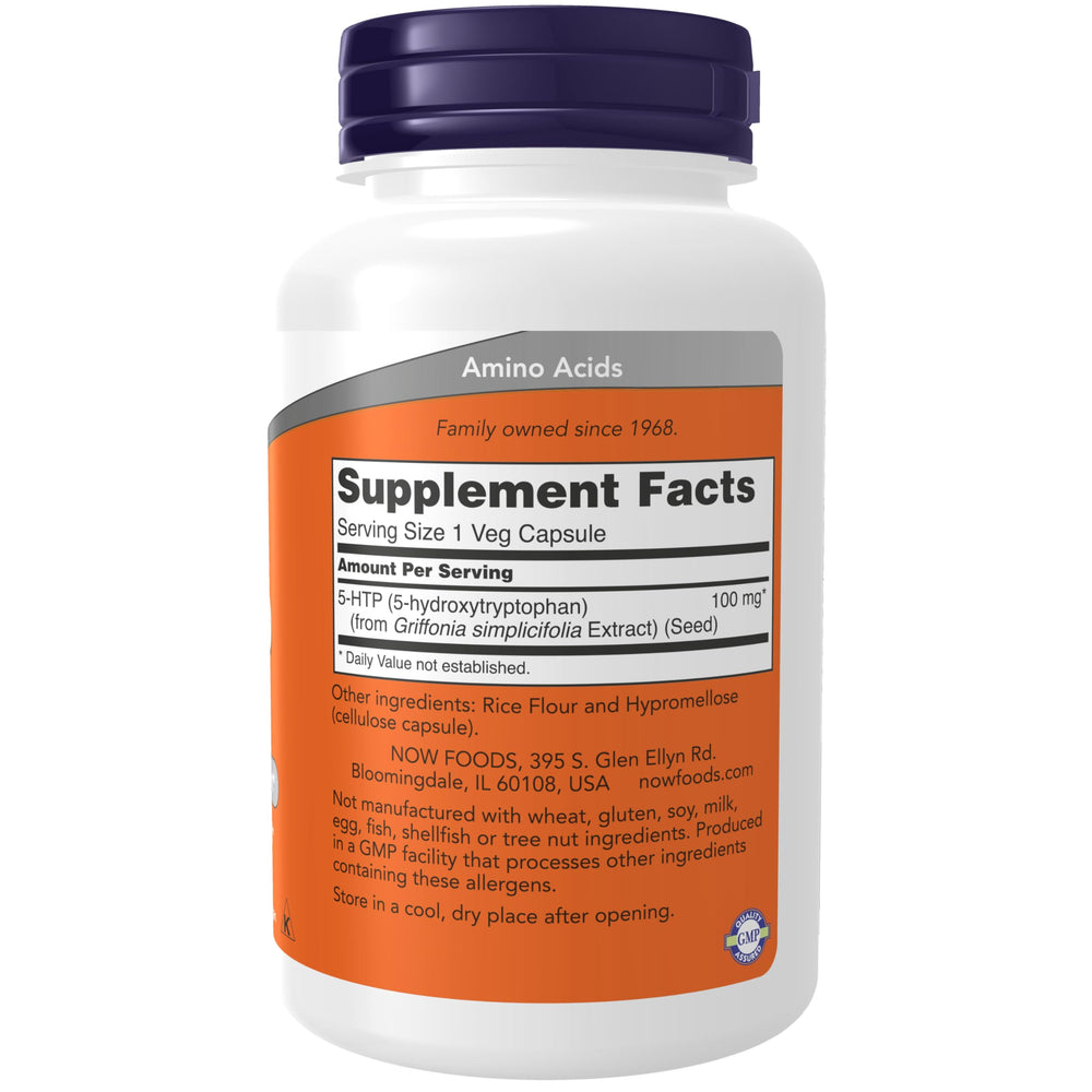 NOW Foods 5-HTP veggie capsules ready for daily mood support.