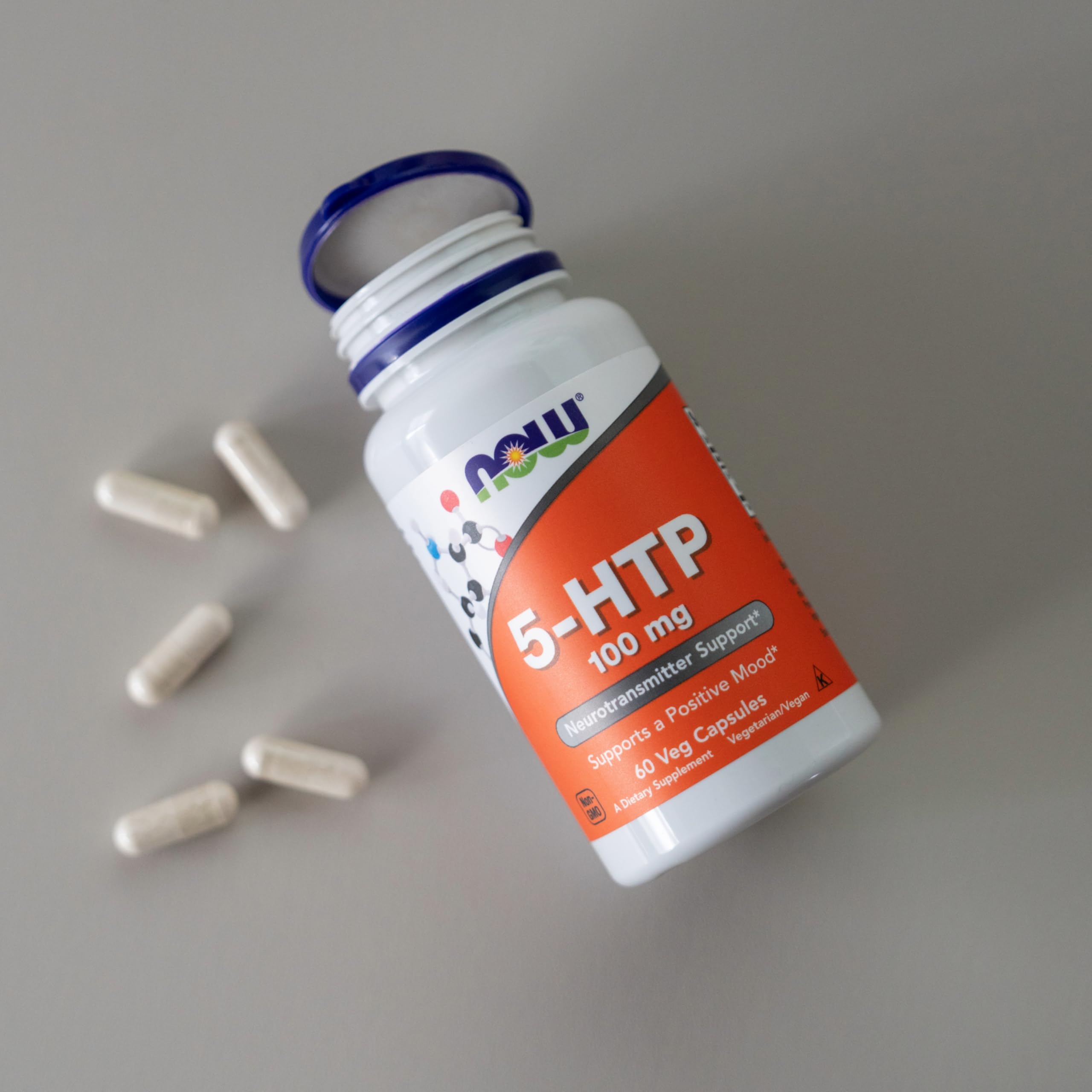 NOW Foods 5-HTP bottle showing 60 capsules per bottle