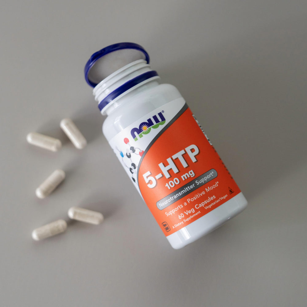 NOW Foods 5-HTP bottle showing 60 capsules per bottle