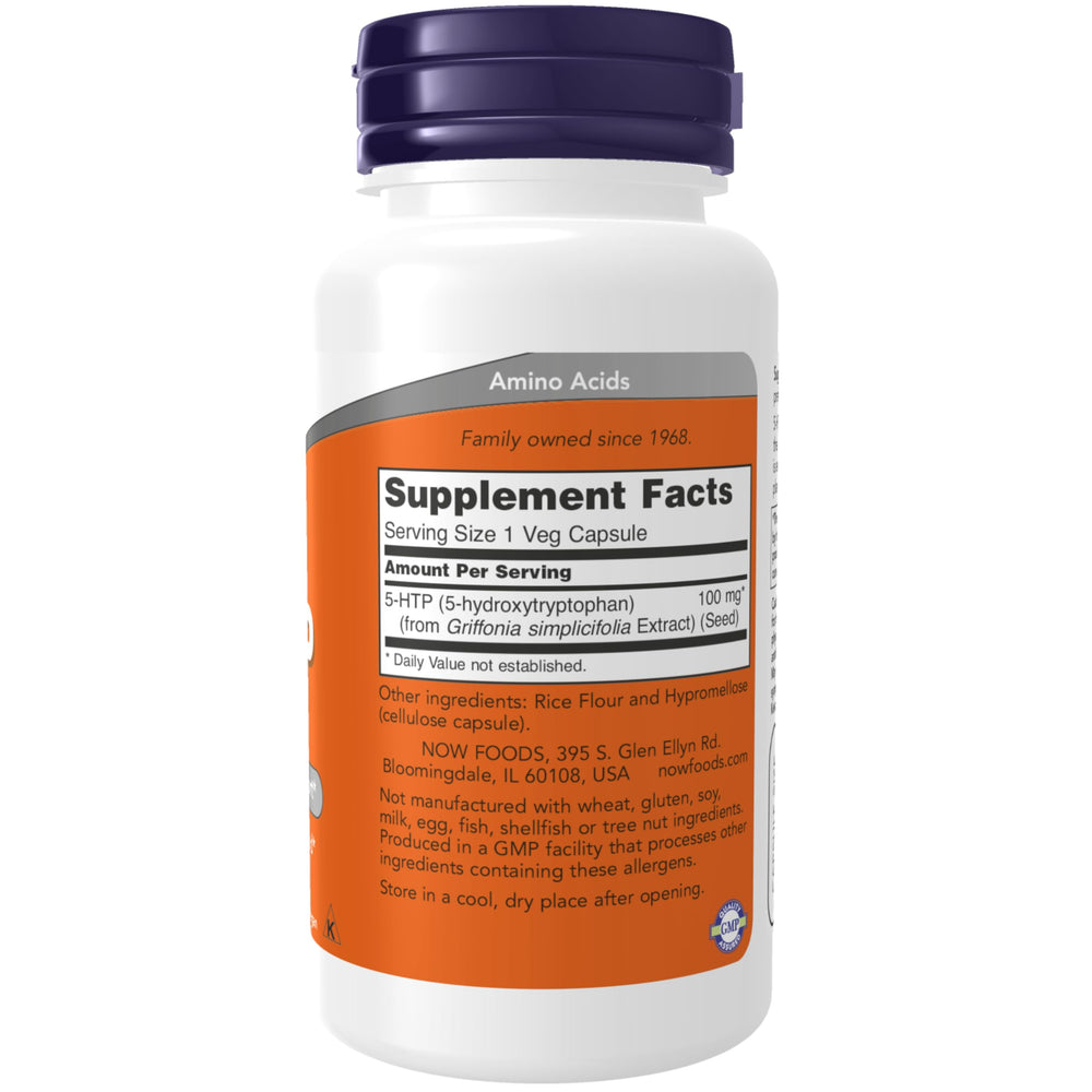 NOW Foods 5-HTP capsules close-up highlighting capsule texture and use