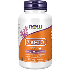 NOW Foods 7-Keto DHEA bottle front showing 100 mg capsules for weight management