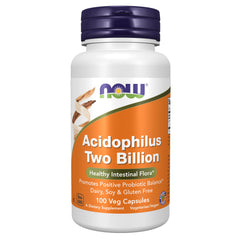 NOW Foods Acidophilus bottle and capsules for daily gut support.