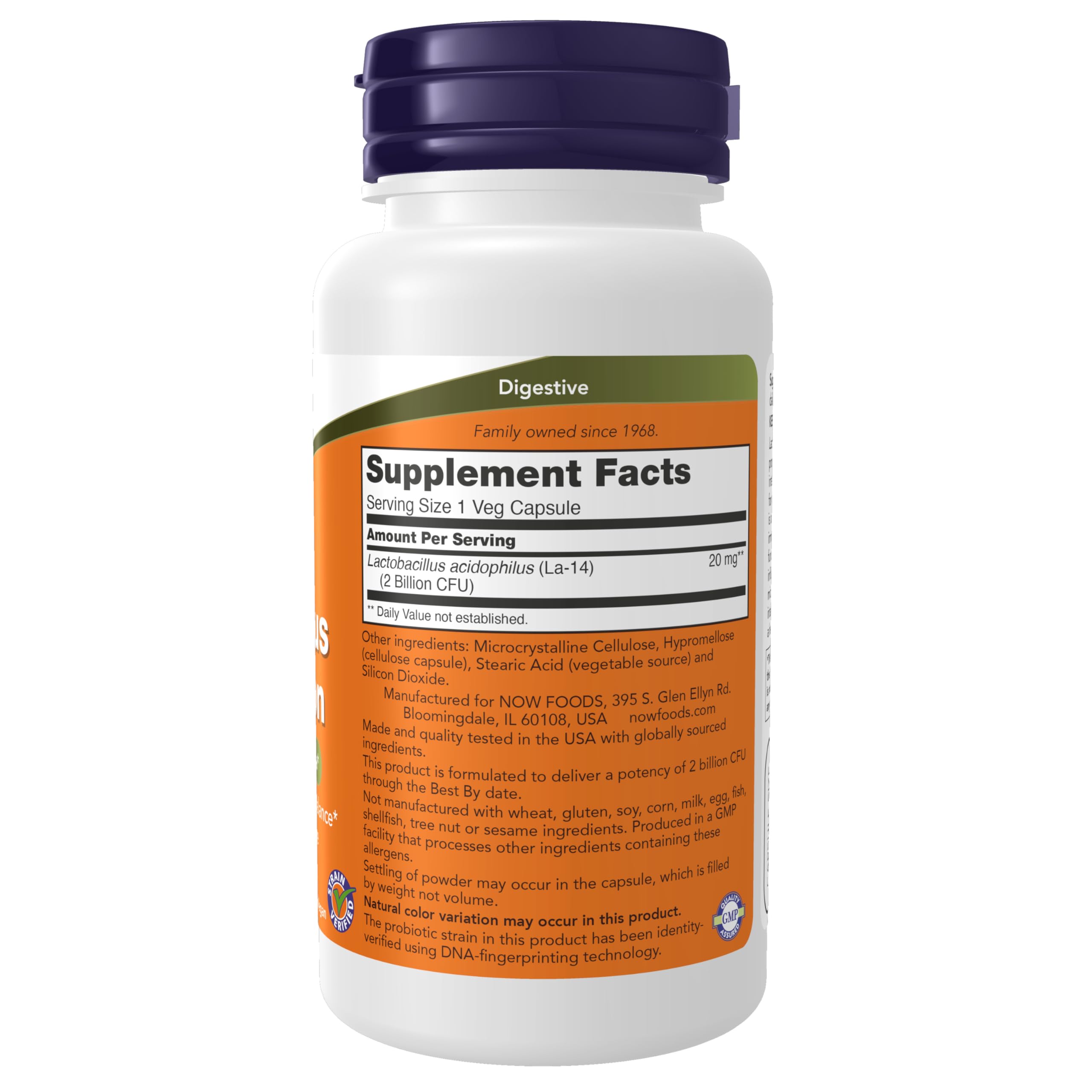 NOW Foods label close-up showing the DNA-verified probiotic strain.
