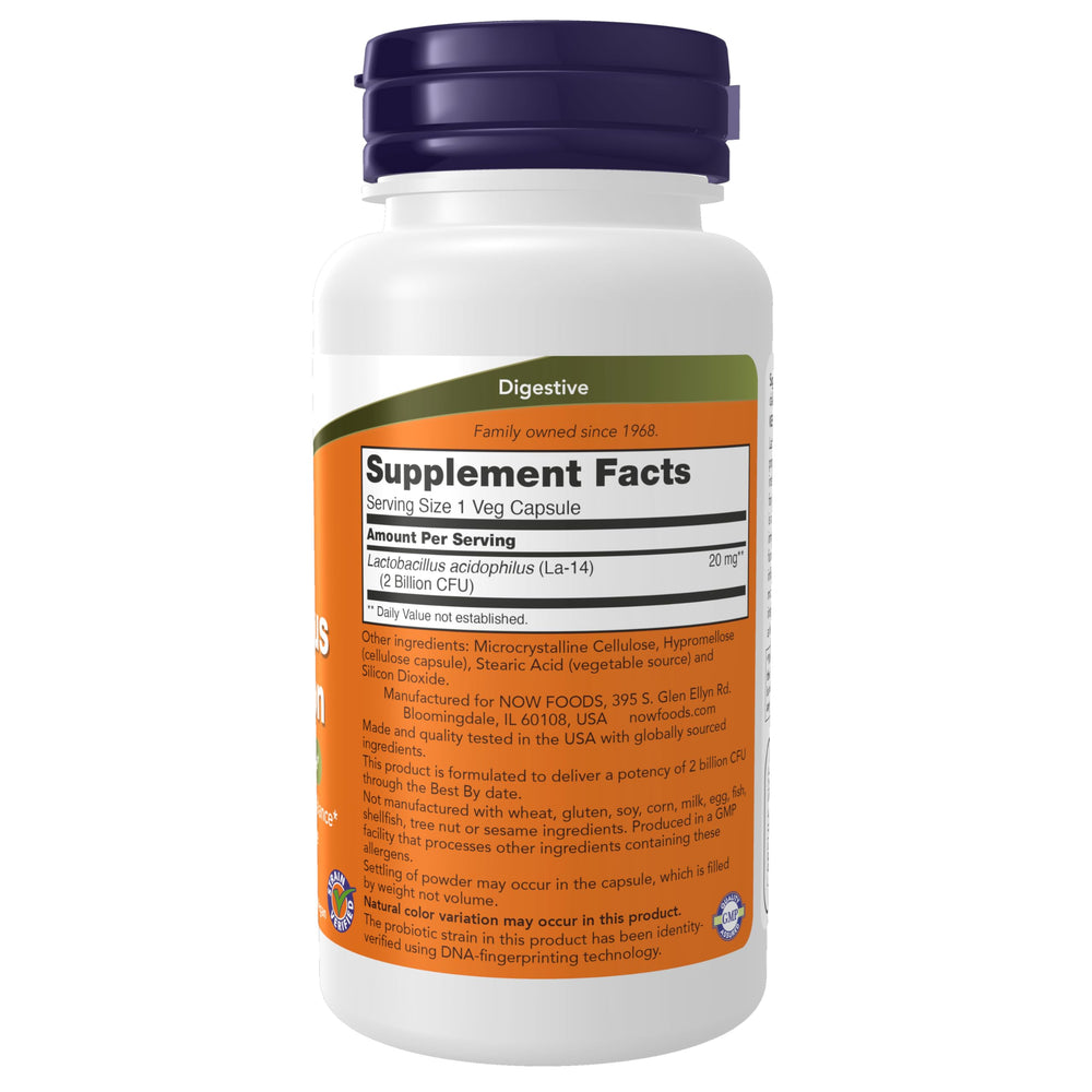 NOW Foods label close-up showing the DNA-verified probiotic strain.