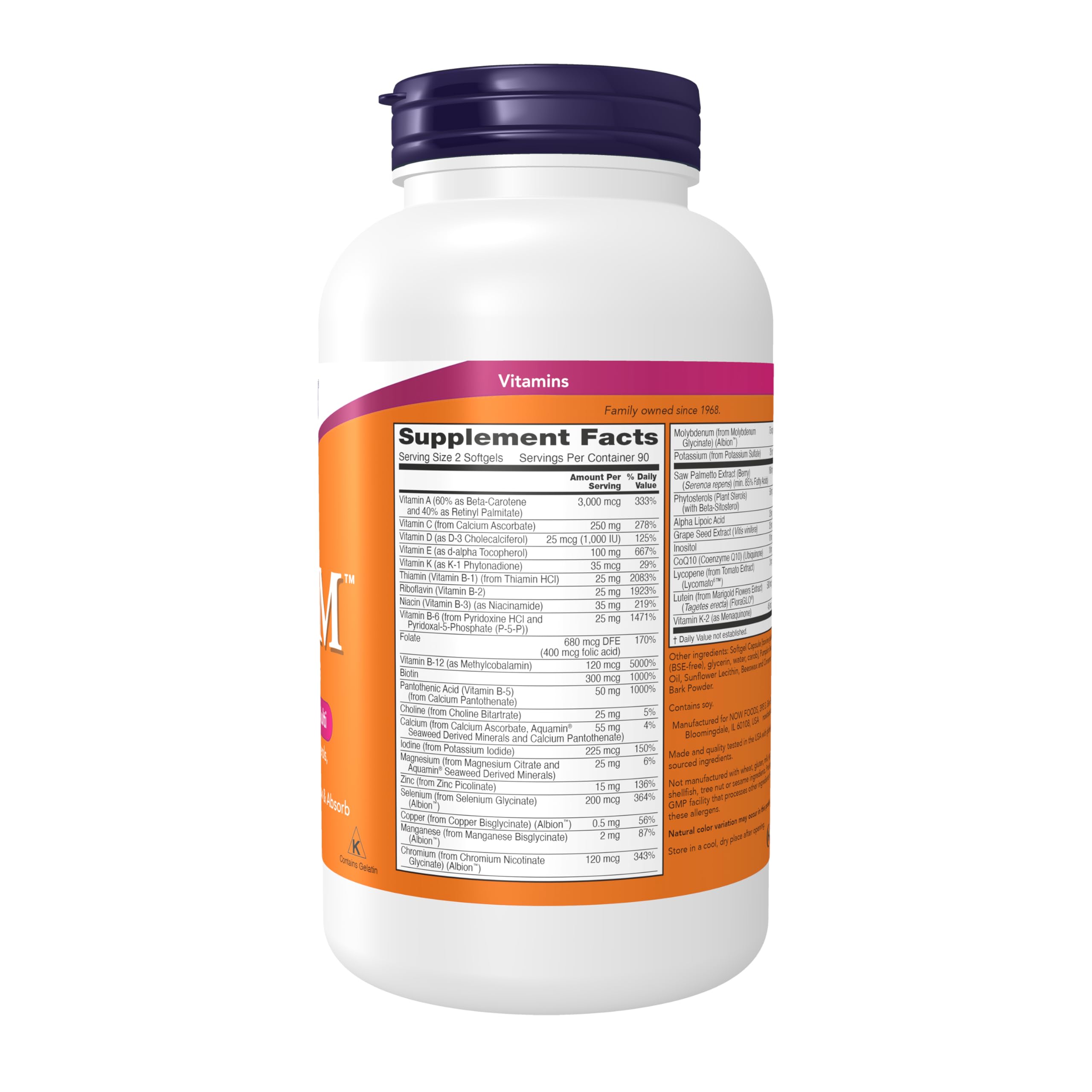 NOW Foods ADAM bottle back view with ingredient highlights and certifications