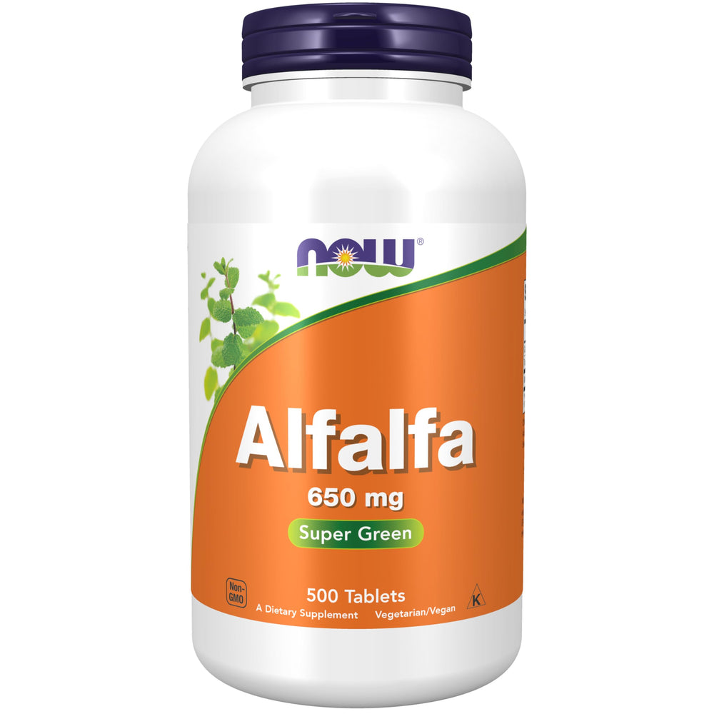 NOW Foods Alfalfa 650mg bottle highlighting a natural vitamin K rich greens option.
